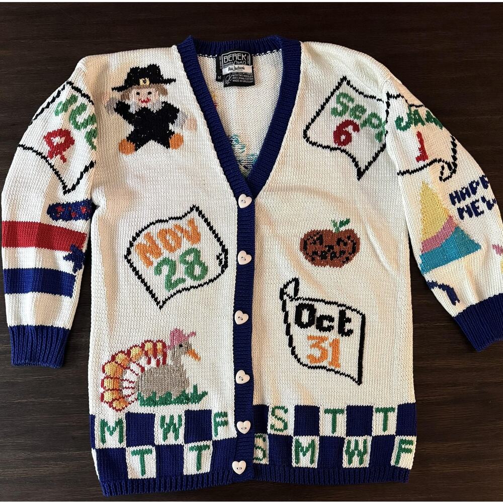 Vintage Berek Holiday Calendar Sweater Womens Medium Handknit USA 80s Cardigan